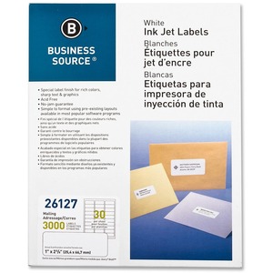 Business Source Mailing Inkjet Label - 1" Width x 2.62" Length - Permanent - 3000 / Pack - White