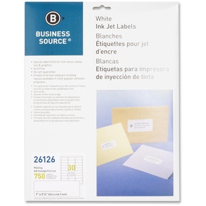 Business Source Mailing Inkjet Label - 1" Width x 2.62" Length - Permanent - 750 / Pack - White