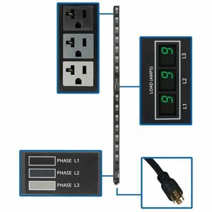 Eaton Tripp Lite Series 5.7kW 3-Phase Local Metered PDU, 120V Outlets (42 5-15/20R), 208V L21-20P input, 6 ft. (1.83 m) Cord, 0U Vertical, TAA