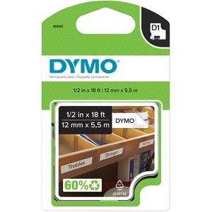 Dymo Permanent Adhesive D1 Tape - 0.5" x 23ft - Black, White