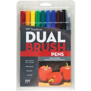 Dual Brush Art Pen 10-piece Set - Primary Colours - Click Image to Close