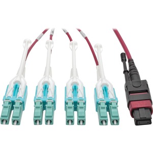 Eaton Tripp Lite Series 40G MTP/MPO to 4xLC Fan-Out OM4 Plenum-Rated Fiber Optic Cable, 40GBASE-SR4, Push/Pull Tabs, Magenta, 3 m