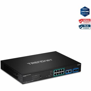 TRENDnet 12-Port Gigabit PoE+ Smart Surveillance Switch with 8 x Gigabit PoE+ Ports; TPE-3012LS; 2 x Gigabit Ports; 2 x SFP Slots; 110W PoE Budget; Long Range PoE+; VLAN; QoS; LACP; ONVIF