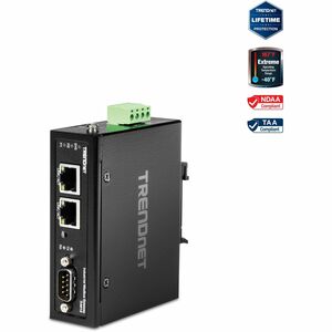 TRENDnet 1-Port Fast Ethernet Industrial Modbus Gateway, 1 x Serial DB-9 Port, 2 x Fast Ethernet Ports, Up to 100m (328 ft), IP30 Rated Housing, Extreme Temperature Protection, Black, TI-M12
