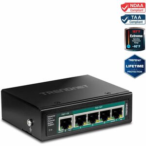 TRENDnet TI-B541, 5-Port Industrial Gigabit PoE++ Powered DIN-Rail Switch with PoE Pass-Through, Lifetime Protection, Black