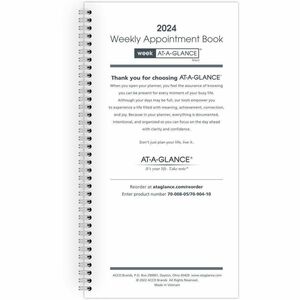 At-A-Glance Weekly Appointment Book Refill - Weekly - 3.25" x 6.25" - January till December - 8:00 AM to 5:00 PM - 1 Week Per 2 Page(s) - White