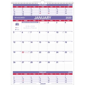 At-A-Glance 3-Months-Per-Page Wall Calendar - Quarterly - 22" x 29" - January till December - 3 Month Per 1 Page(s) - Chipboard Back - White