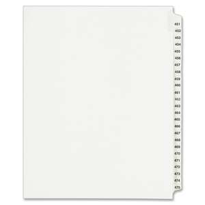 Avery Legal Exhibit Reference Divider - 25 x Tab Printed 451 - 475 - 25 Tab(s)/Set - 8.5" x 11" - 25 / Set - White Divider - Clear Tab