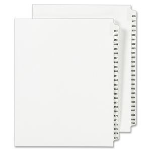 Avery Side Tab Legal Exhibit Index Dividers - 25 x Tab Printed Exhibit 651-700 - 8.5" x 11" - 25 / Set - White Divider