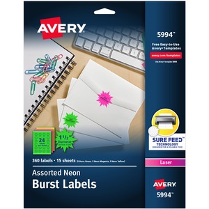 Avery High Visibility Label - 1.5" Diameter - 15/Sheet - Permanent - 360 / Pack - Neon Yellow, Neon Green, Neon Magenta