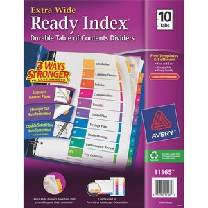 Avery Table of Contents Index Dividers - 10 x Tab Print-on - 9" x 11" - 10 / Set - Assorted Divider - Multicolor Tab