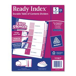 Avery Uncollated Index Divider - 5 x Tab Printed 1 to 5 - 5 Tab(s)/Set - 8.5" x 11" - 24 / Box - Multicolor Tab
