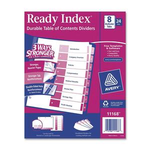 Avery Uncollated Index Dividers - 8 x Tab Printed 1 to 8 - 8 Tab(s)/Set - 8.5" x 11" - 24 / Box - Multicolor Tab