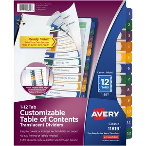Avery Ready Index Translucent Table Of Content Dividers - 12 x Tab - 12 Tab(s)/Set - 8.5" x 11" - 12 / Set - Clear Divider - Multicolor Tab