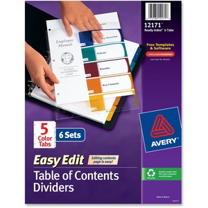 Avery Easy Edit Index Divider - 5 x Tab Printed 1 - 5 - 5 Tab(s)/Set - 8.5" x 11" - 6 / Pack - Multicolor Tab