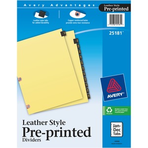 Avery Black Leather Monthly Tab Divider - 12 x Tab Printed Jan - Dec - 12 Tab(s)/Set - 8.5" x 11" - 1 Set