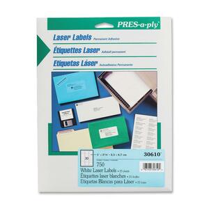 Avery Pres-A-Ply Standard Address Label - 2.62" Width x 1" Length - Permanent - 750 / Box - White