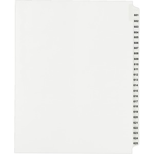 Avery Side Tab Collated Legal Index Dividers - 25 x Tab Printed 601 - 625 - 8.5" x 11" - 25 / Set - White Divider