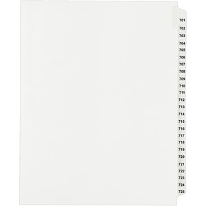 Avery Side Tab Collated Legal Index Dividers - 25 x Tab Printed 701 - 725 - 8.5" x 11" - 25 / Set - White Divider