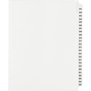 Avery Side Tab Collated Legal Index Dividers - 25 x Tab Printed 801 - 825 - 8.5" x 11" - 25 / Set - White Divider