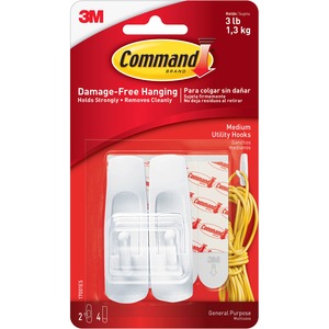 3M Medium Reusable Command Adhesive Strip Hook - 2 Hook - 3 lb Capacity - White