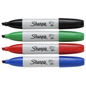 Sanford Sharpie Chisel Tip Markers - Chisel Marker Point Style - Black Ink, Red Ink, Blue Ink, Green Ink - 4 / Set