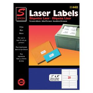 Simon White Laser Labels - 1" Width x 4" Length - 20/Sheet - 2000 Label - White
