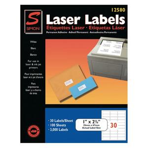 Simon White Laser Labels - 1" Width x 2.62" Length - 30/Sheet - 3000 Label - White