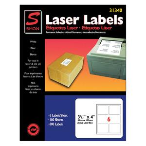 Simon White Laser Labels - 3.33" Width x 4" Length - 6/Sheet - 600 Label - White