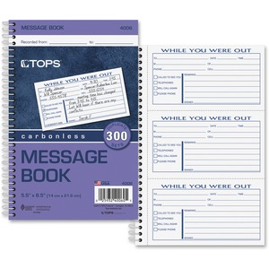 Tops Important Message Book - 300 Sheet(s) - Spiral Bound - 2 Part - Carbonless - 8.5" x 5.5" Sheet Size - Assorted - 1Each