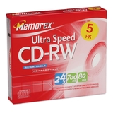 5PK MEMOREX CDRW 16X 24X-700MB 80MIN W/ SLIM JC