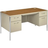 HON Mentor Double Pedestal Desk - Steel - Medium Oak, Putty