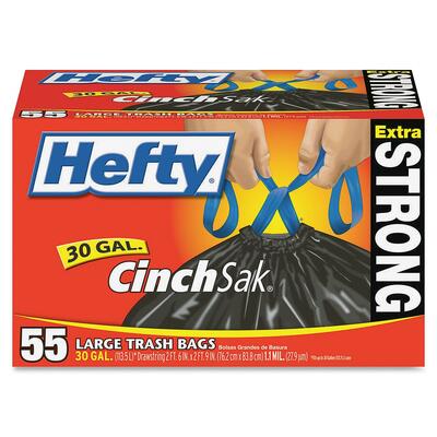 Trash Bags, Drawstring Closure, 30 Gal., 55/BX, Black