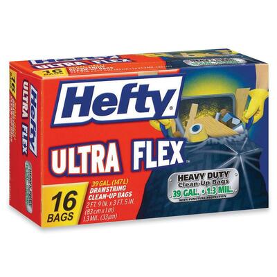 Ultra Flex Trash Bags, 39 Gal, 1.3mil, 16/BX, Black