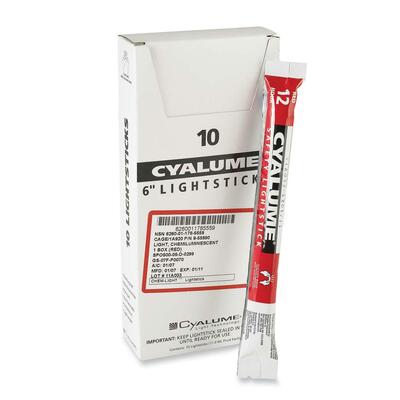 Emergency Light Sticks, 6", Lasts 12 Hours, 10/BX, Red
