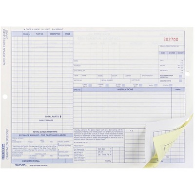 Auto Repair Order Form Speediset 3 Parts 8-1/2"x11"