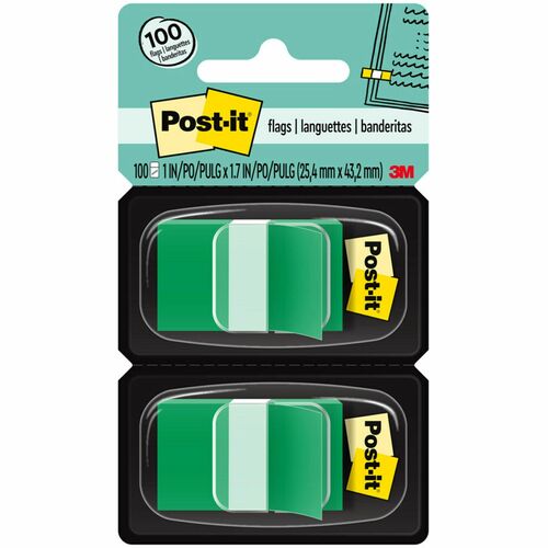 Post-it Flags, Green, 1 in Wide, 50/Dispenser, 2 Dispensers/Pack