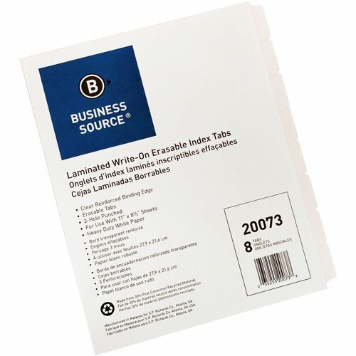 Business Source Business Source Erasable Tab Index