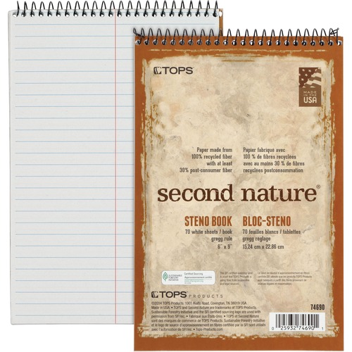 TOPS TOPS Second Nature Steno Book, Recycled, Gregg Rule, White, 70 SH/BK,