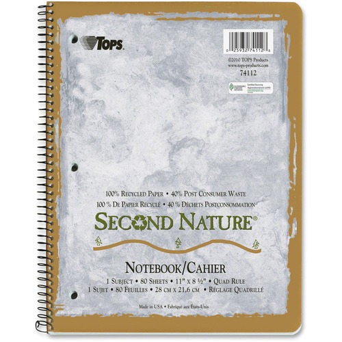 TOPS TOPS Second Nature Notebook, Quadrille Ruled, Recycled, 80 SH/BK