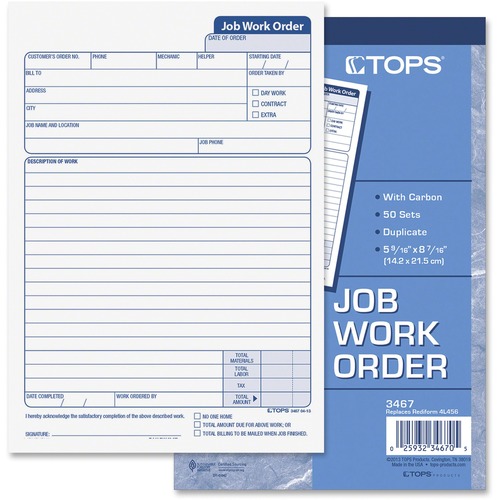 TOPS TOPS 3467 Job Work Order Form