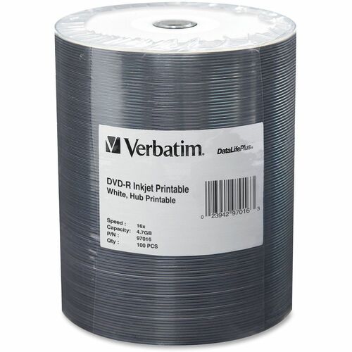 Verbatim DVD-R 4.7GB 16X DataLifePlus White Inkjet Printable, Hub Prin