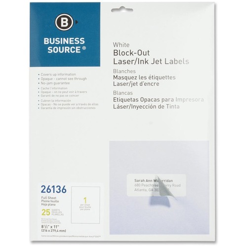Business Source Business Source Block-out Full Sheet Laser/Inkjet Label