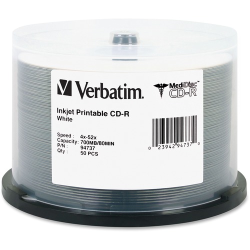 Verbatim MediDisc CD-R 700MB 52X White Inkjet Printable with Branded H