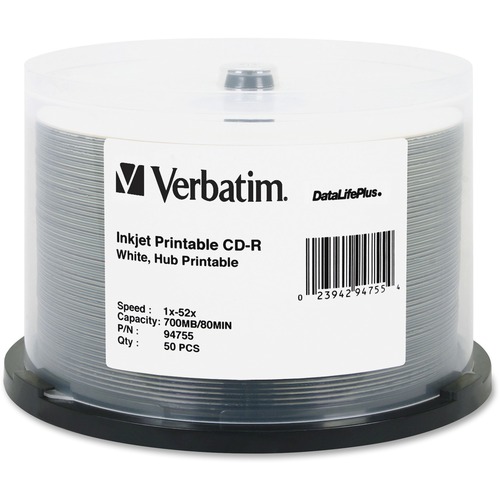 Verbatim Verbatim CD-R 700MB 52X DataLifePlus White Inkjet Printable, Hub Print