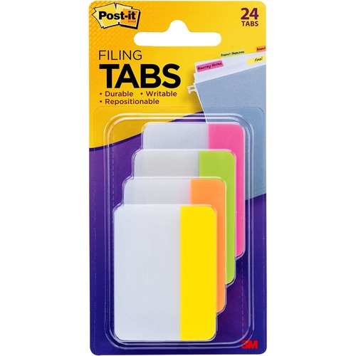 Post-it Tabs, 2 inch Solid, Assorted Bright Colors, 6/Color, 4 Colors,