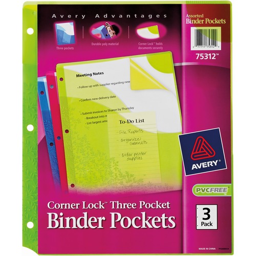 Avery Avery Corner Lock Three Pocket Binder Pockets 75312, Assorted, Pack of