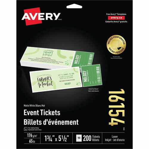 Avery Avery Tickets With Tear-Away Stubs 16154, Matte White, 1-3/4