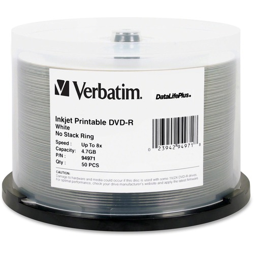 Verbatim DVD-R 4.7GB 8X DataLifePlus White Inkjet Printable - 50pk Spi