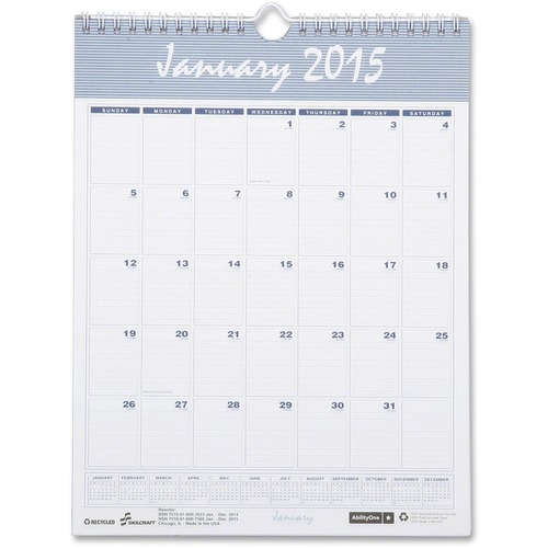 SKILCRAFT SKILCRAFT 12 - Month Wall Calendars - Wirebound, 8-1/2